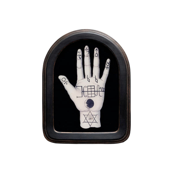 cuadro decorativo con mano esotérica y símbolos místicos