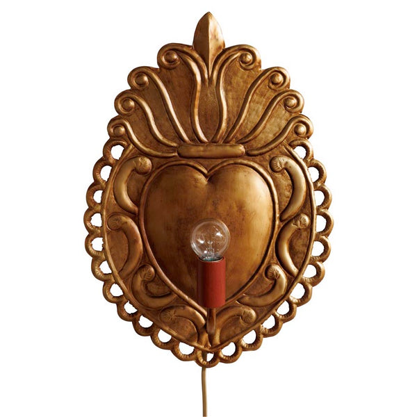 aplique ex voto corazón metal dorado encendido decoración de pared Brocantia