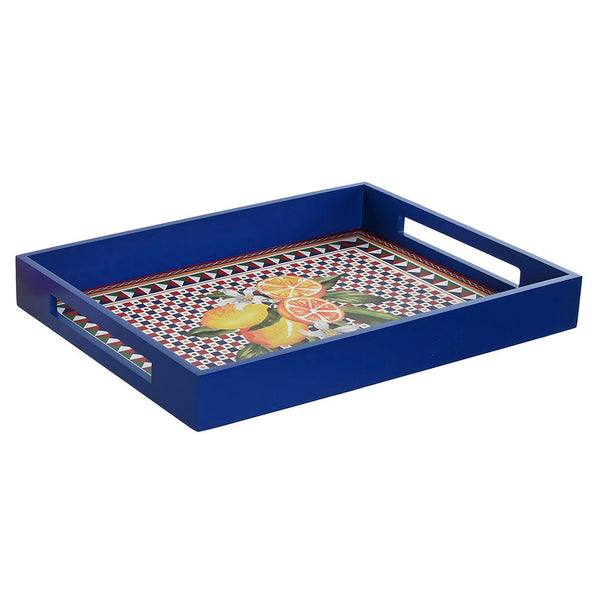 Bandeja rectangular azul con asas y estampado mediterráneo de frutas cítricas