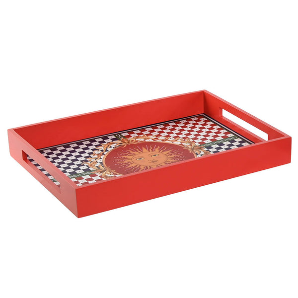 Bandeja rectangular de madera lacada en rojo con asas y estampado mediterráneo de sol