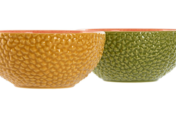 detalle textura bol melón amarillo y verde en cerámica – Brocantia objetos singulares