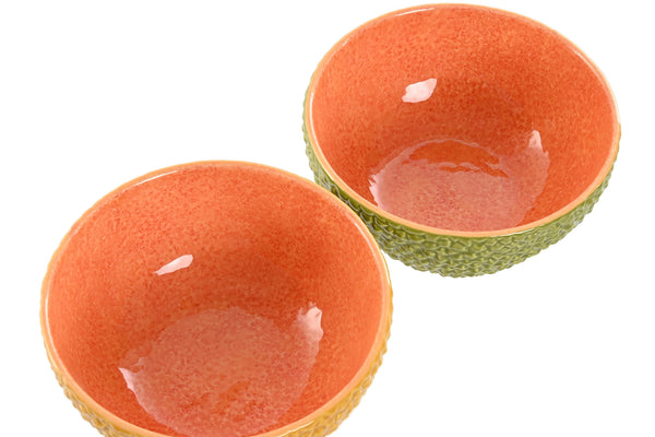 boles frutales tipo melón en cerámica verde y amarillo con interior naranja - Brocantia tienda online decoración