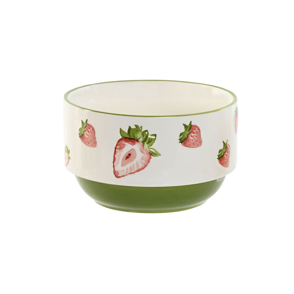 Bowl de cerámica decorado con fresas pintadas a mano y base verde, ideal para desayunos y vajilla decorativa