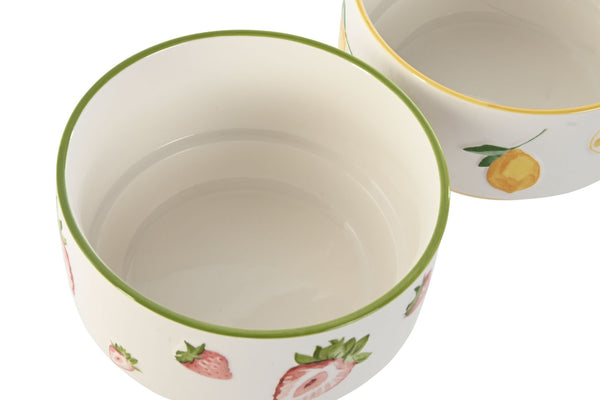 Vista superior de bowls decorativos de cerámica con motivos de fresa y limón, vajilla alegre para uso diario