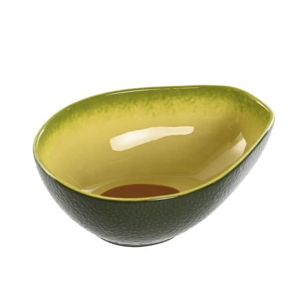 Cuenco de cerámica en forma de aguacate, interior verde con centro marrón y exterior texturizado verde oscuro