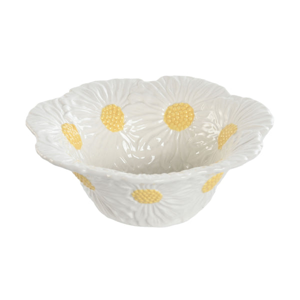 Cuenco de cerámica blanco decorado con margaritas en relieve y centros amarillos, diseño floral primaveral y decorativo