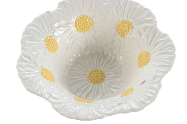 Vista desde arriba del cuenco con margaritas en relieve, interior blanco con textura floral y detalles en amarillo