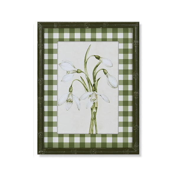 Cuadro decorativo con ilustración botánica de campanillas y marco verde vichy - Brocantia
