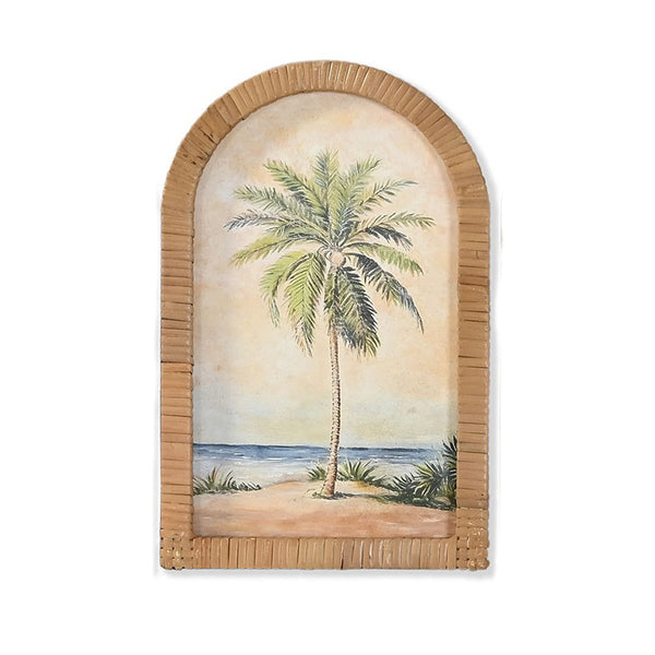 Cuadro decorativo de palmera tropical con marco efecto fibra natural estilo costero vintage