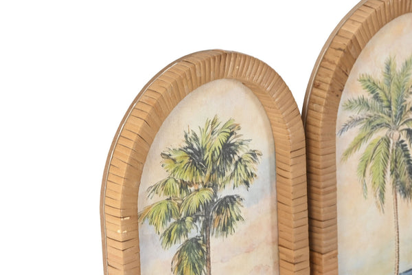 Detalle del marco arqueado y la ilustración de palmera en cuadro decorativo