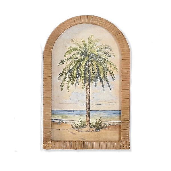 Cuadro decorativo de palmera tropical con marco efecto fibra natural estilo costero mediterráneo
