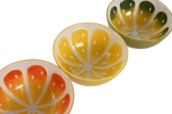 Detalle cuencos cítricos de gres verde, amarillo y naranja Brocantia