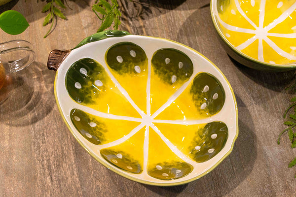 cuenco gres verde lima mediano con relieve pintado a mano estilo frutal brocantia