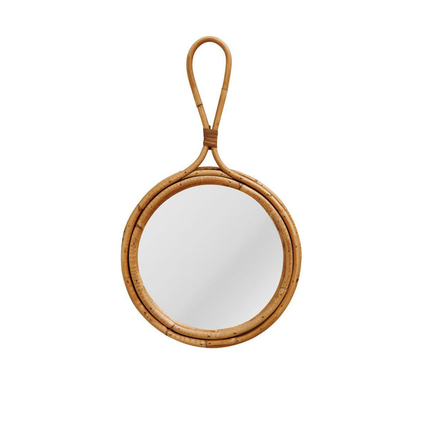 Espejo redondo de ratán con asa decorativa colgante