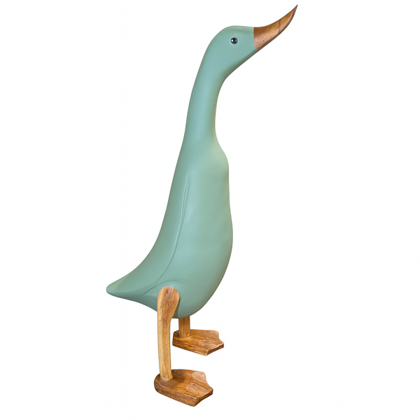 Pato decorativo verde menta de madera de teca reciclada – artesanía indonesia.