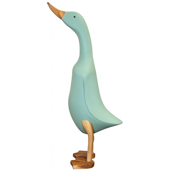 Figura pato de pie verde menta en madera artesanal – decoración hogar.