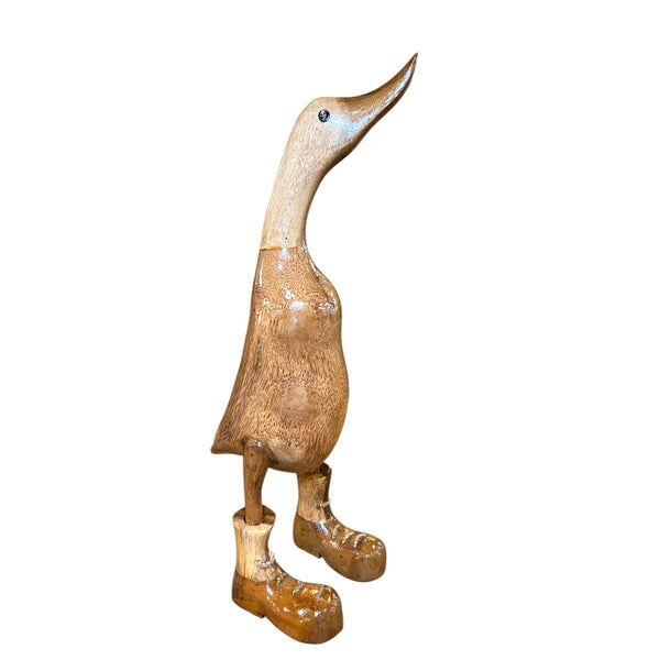 Pato decorativo con botas de madera de teca reciclada artesanal