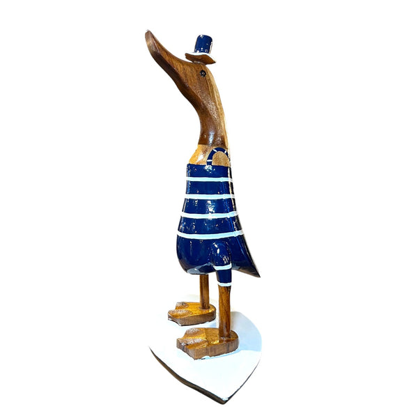 Pato marinero azul de madera artesanal en teca reciclada – figura decorativa hecha a mano en Indonesia