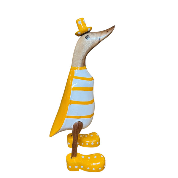 Figura de pato amarillo pintado a mano en madera de teca reciclada