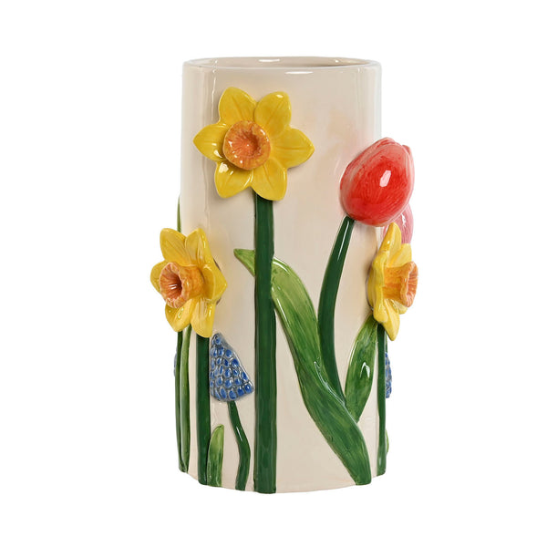 Jarrón de cerámica cilíndrico con flores en relieve y acabado esmaltado brillante