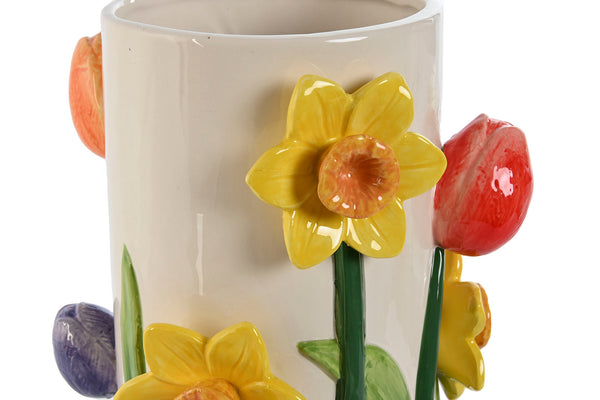 Jarrón de cerámica cilíndrico con flores en relieve y acabado esmaltado brillante