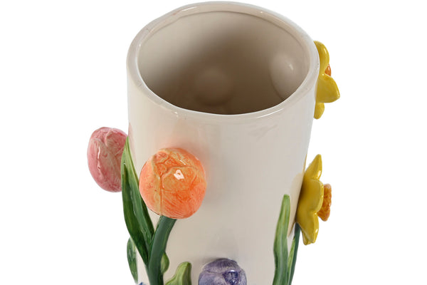 Vista superior de jarrón decorado con flores tridimensionales y base color marfil