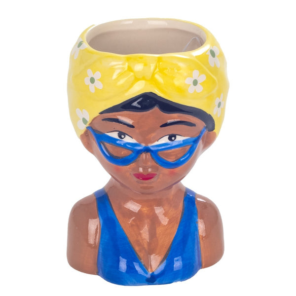 macetero ceramica busto mujer pañuelo amarillo gafas azules