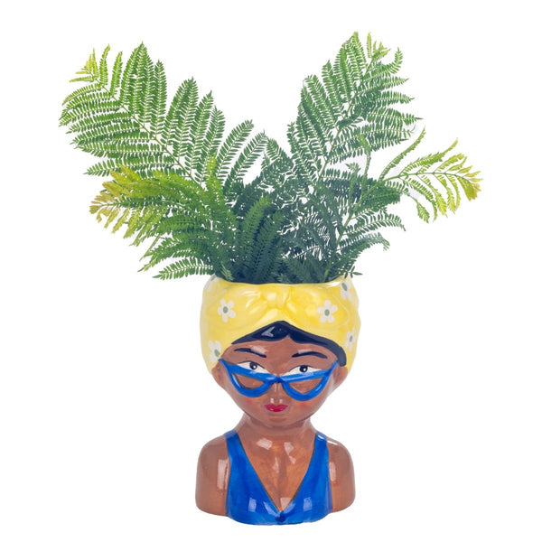 macetero ceramica busto mujer pañuelo amarillo gafas azules