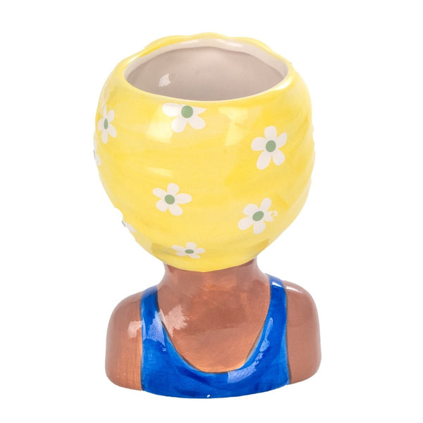 vista trasera macetero busto mujer ceramica pañuelo amarillo