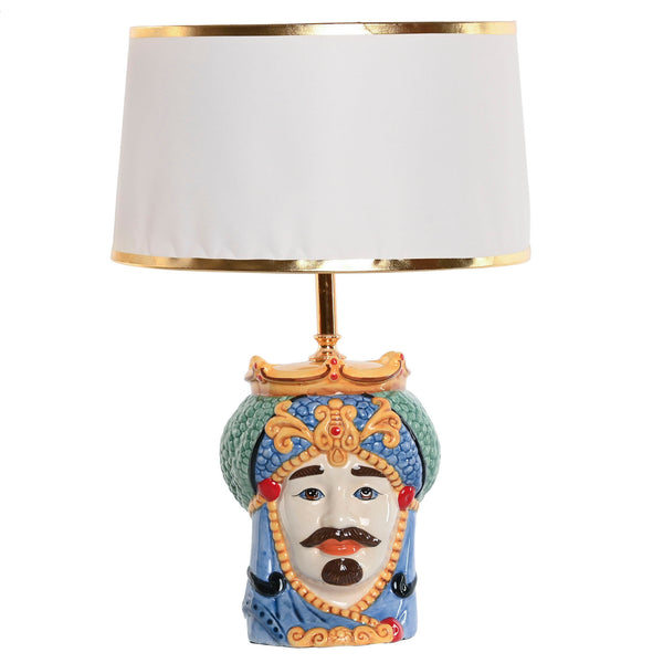 Lámpara de sobremesa Testa di Moro hombre de porcelana pintada a mano – vista frontal con pantalla blanca y detalles dorados