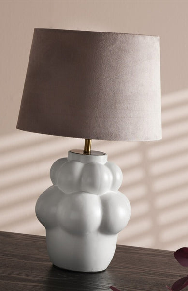 Lámpara de sobremesa formas blanca pantalla rosa