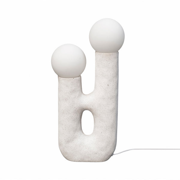 Lámpara de mesa escultórica blanca con doble luz esférica en vidrio opalino y diseño moderno
