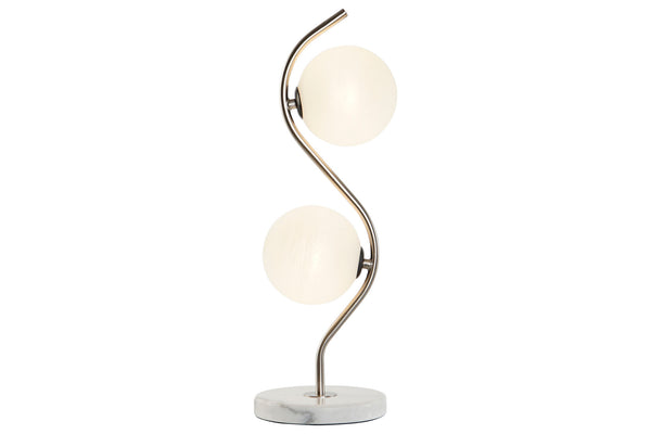 lámpara sobremesa diseño, lámpara moderna metal y mármol, lámpara bolas de cristal, lámpara decoración nórdica, lámpara mesita salón, lámpara mesa elegante.