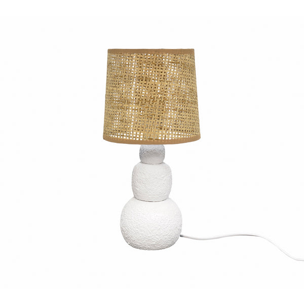 lampara mesa ceramica rugosa efecto estuco pantalla mimbre trenzado