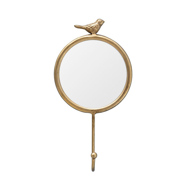 Imagen de percha decorativa con espejo redondo y figura de pajarito en metal dorado - Brocantia tienda de decoración singular en Oviedo