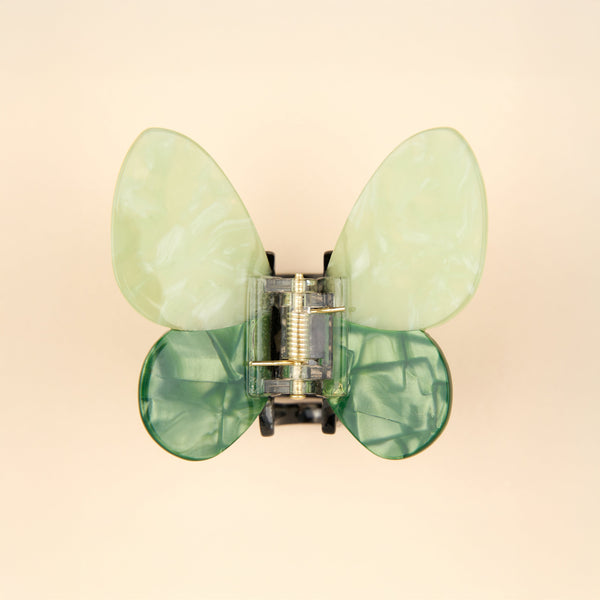 Pinza mariposa verde Coucou Suzette vista cenital sobre fondo beige