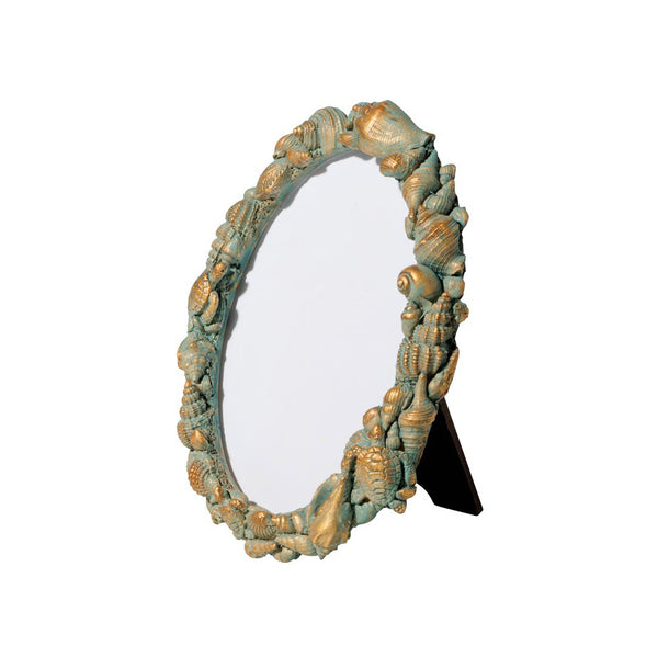 Marco de fotos ovalado con relieve de conchas y tortugas en verde envejecido y dorado