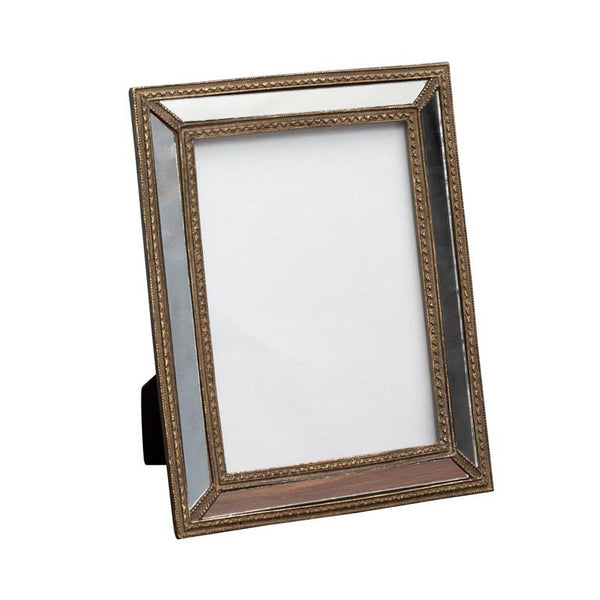 portafotos con marco de espejo envejecido y detalles dorados