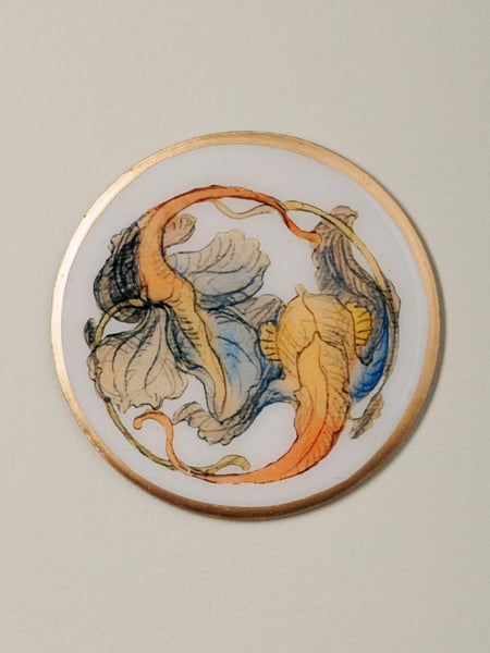 Posavasos decorativo de metal con diseño botánico en azul y naranja, arte natural pintado