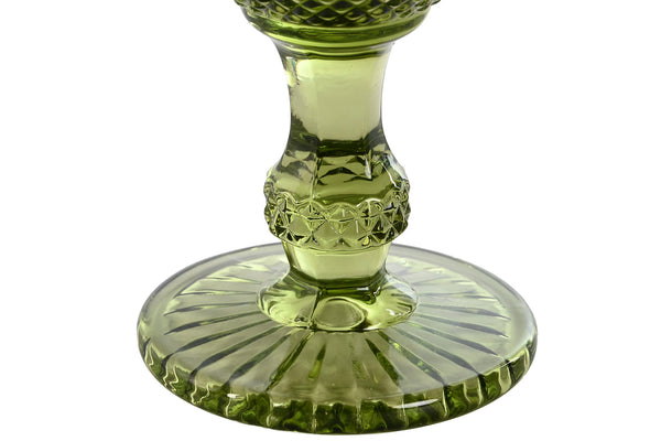 Base de copa de cristal verde tallada con diseño retro, pieza decorativa para mesa de Brocantia.