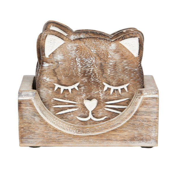 Set 6 posavasos gato con base madera