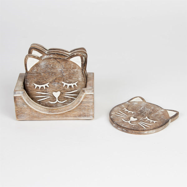 Set 6 posavasos gato con base madera