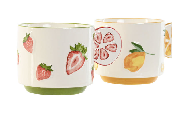 Tazas de cerámica con diseños de frutas, fresas y limones, estilo decorativo y colorido para desayuno
