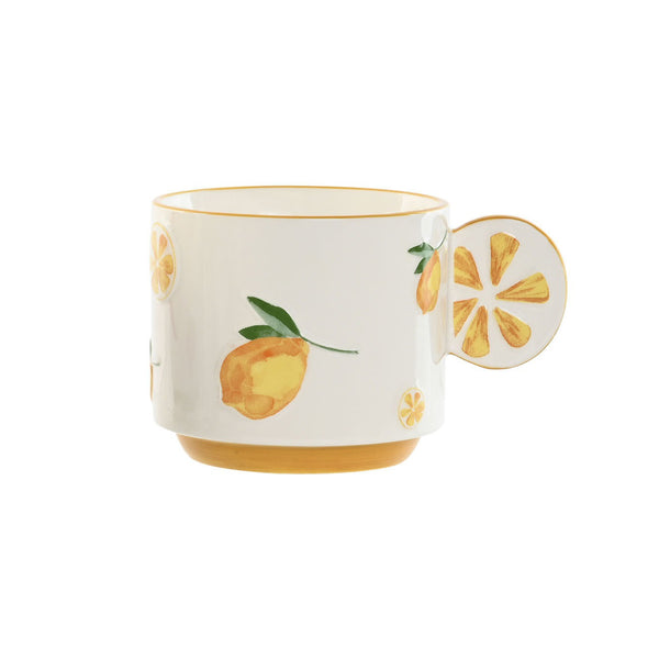 Taza de cerámica blanca con diseño de limones y asa en forma de rodaja, estilo veraniego y alegre