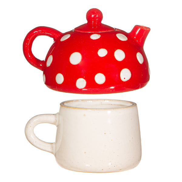 Set de té de cerámica desmontable con tetera roja de lunares y taza beige en forma de seta estilo cottagecore