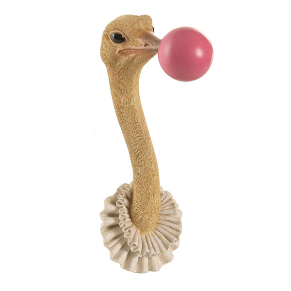 Cabeza de avestruz decorativa de pared con globo de chicle rosa y cuello isabelino marfil.