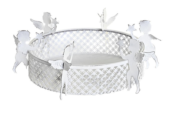 Bandeja circular metálica blanca con figuras de ángeles estilo romántico
