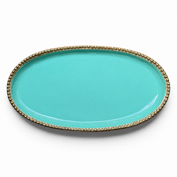 Bandeja ovalada turquesa con borde dorado decorativo