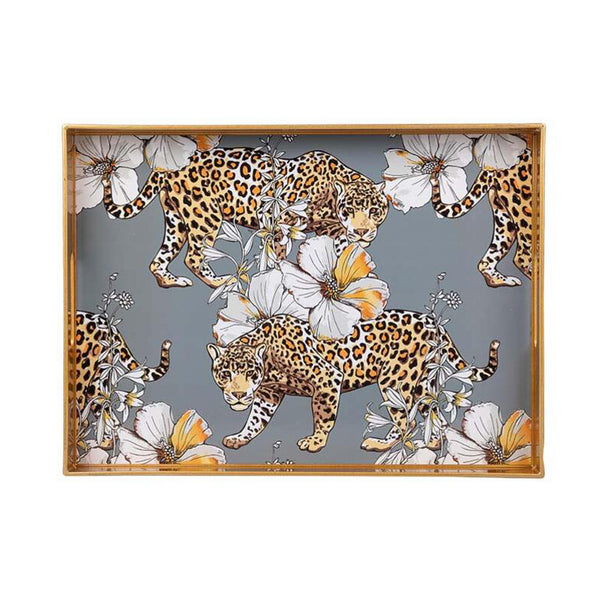 Bandeja decorativa rectangular con leopardos y flores blancas sobre fondo gris y marco dorado.