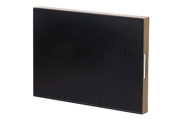 Parte trasera de bandeja rectangular decorativa con acabado negro y estructura resistente.